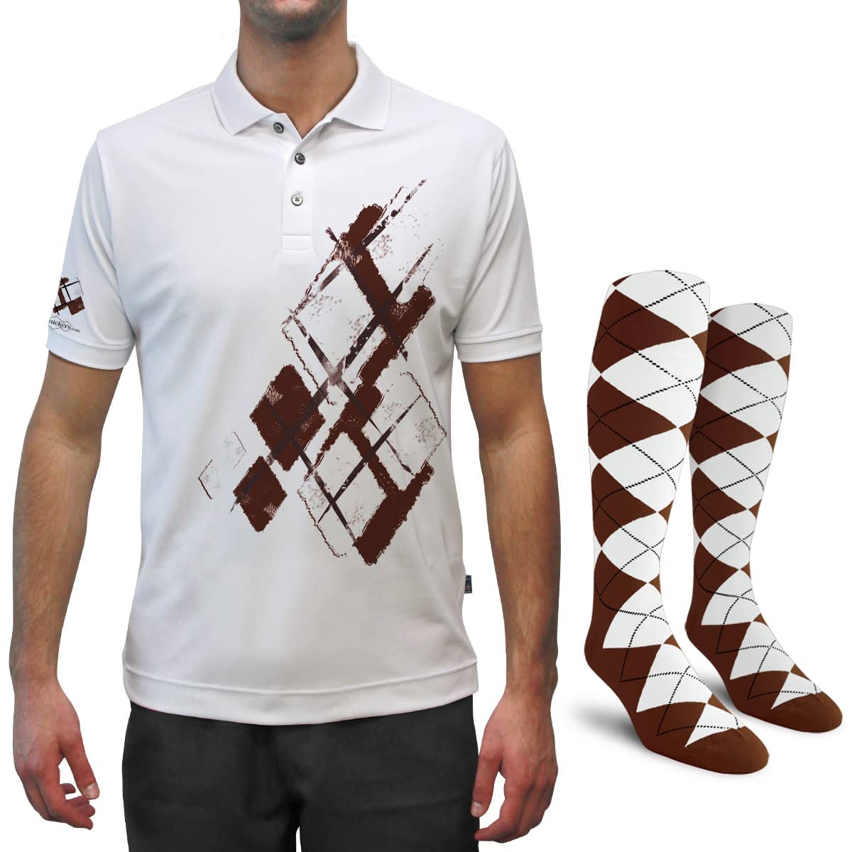 Dry Fit Graphic Golf Polo da uomo, ideale per lo sport e tutte le attività all'aria aperta, Argyle Utopia, Marrone/Bianco, 4X-Large + Socks