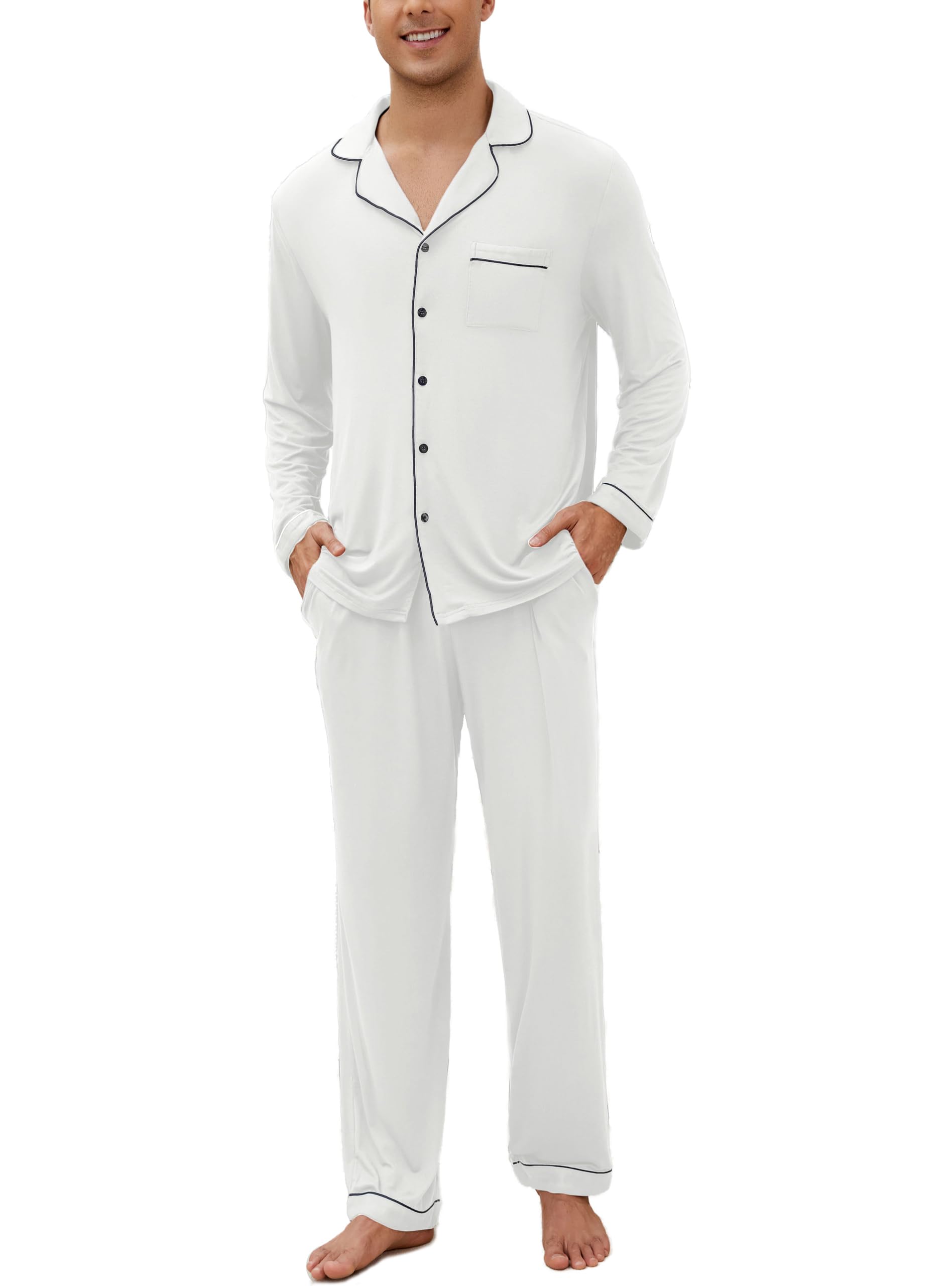 Veseacky Mens Pajamas Set Long Sleeve Soft Pajamas for Men Button Down Sleepwear Pjs Lounge Sets with Pockets S-2XL
