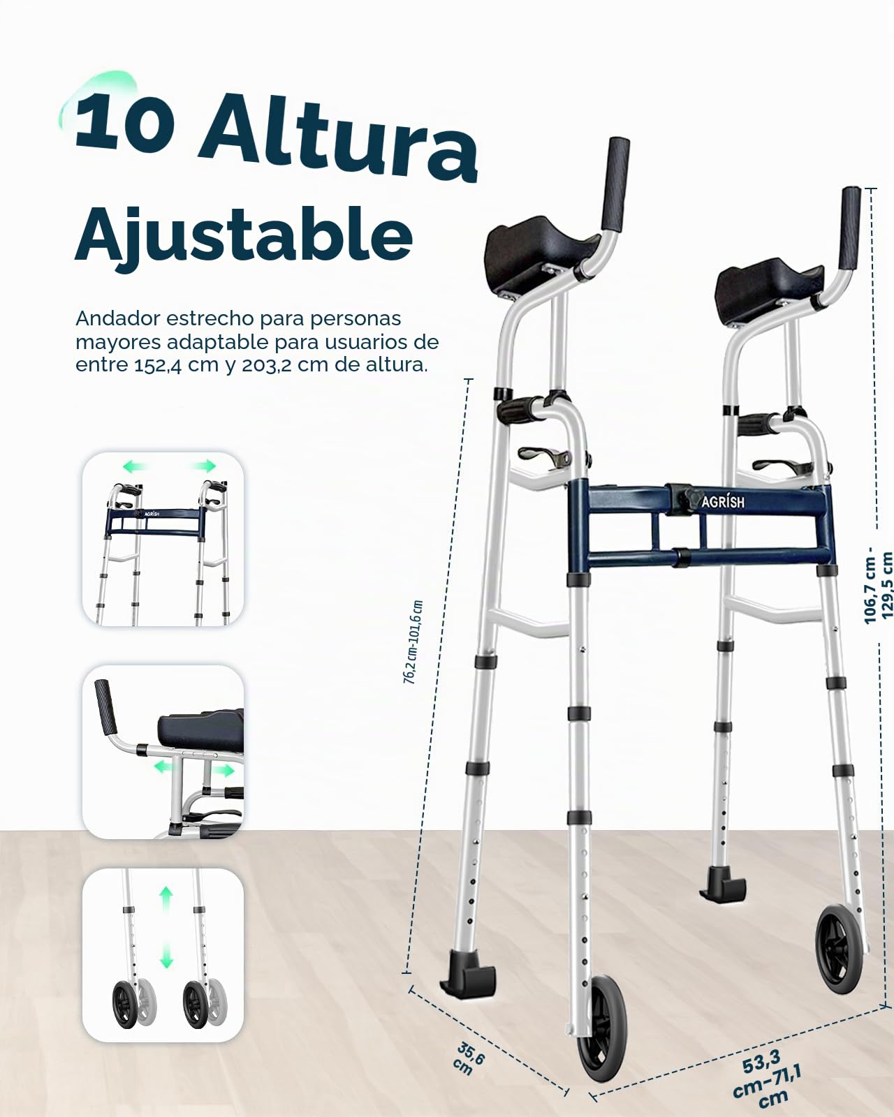 Andador Vertical Estrecho para Espacios Reducidos, Anchura 5 Niveles Altura 10 Niveles Regulable, Tacataca Plegable para Puertas Angostas, Caminadores Ligeros para Ancianos Mayores