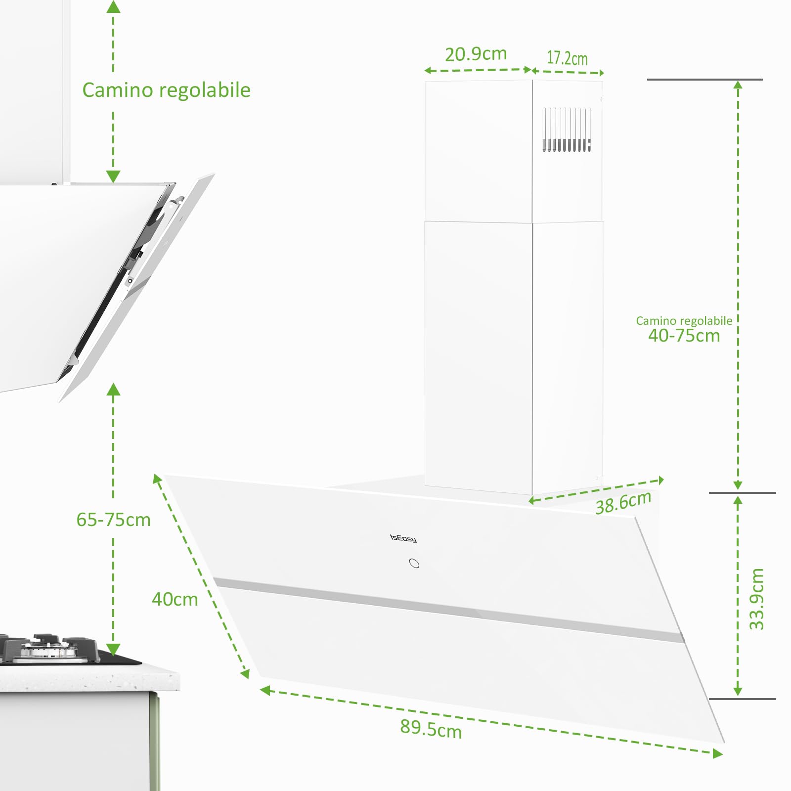 IsEasy Cappa Cucina, Cappa Aspirante 90 cm, 571 m³/h Aspirazione, 4 Livelli di Regolazione, Staffa Inclinazione 45°, 1-9 Min Spegnimento Ritardato, 61dB, Bianco, Efficienza A++