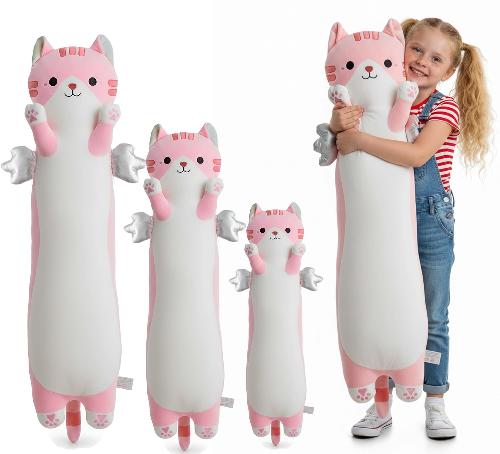 Kekeso Cuscino Peluche Gatto Lungo, Cuscino Corpo Gatto Carino con Ali, Peluche Kawaii Morbido da Abbracciare - Regalo per Bambini a Natale, San Valentino & Compleanno(Rosa, 110cm/43.31in)