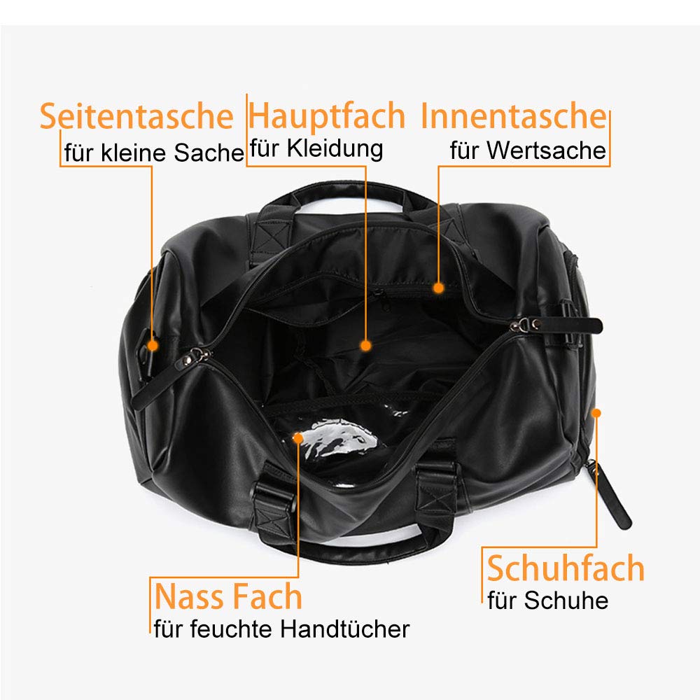 Neuleben - Bolsa de Deporte de Piel sintética con Compartimento para Zapatos, Impermeable, para Mujer, para Hombre, 30 L, Color Negro, tamaño Talla única, Volumen 30liters