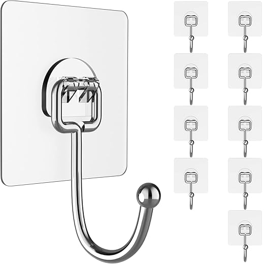 Large Hooks for Hanging Heavy-Duty 44Ib(Max) 10 Packs, Wall Hangers without Nails Self-Adhesive Traceless Clear and Removable, Waterproof and Rustproof Multiple Uses for Bathroom Kitchen Home