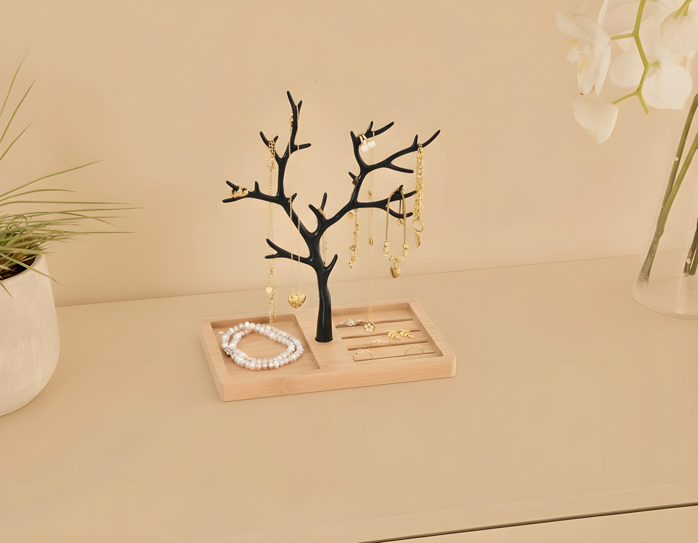 Árbol de joyas – Portajoyas – Expositor de joyas – Collar con pulsera anillo de pendientes (Furo bambú negro)