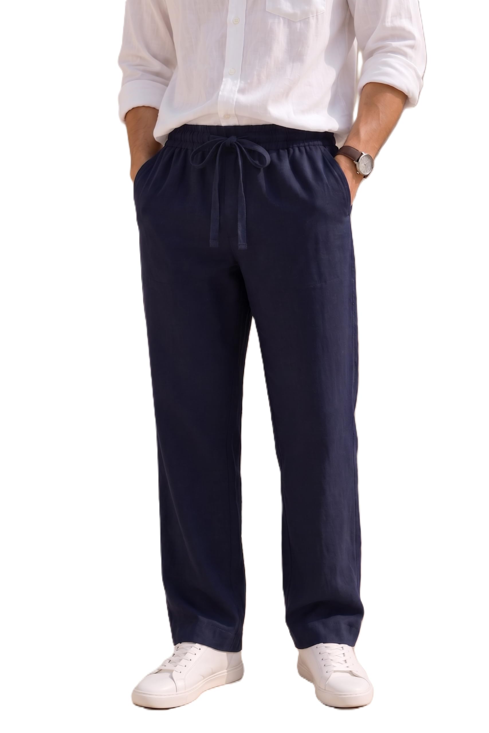 Premium Linen Blend Relaxed Fit Men Pant | Loose Fit Casual Drawstring Trousers | Elastic Waist | Breathable Summer Lounge Beach Travel Pants with Pockets Navy Blue-picture-41
