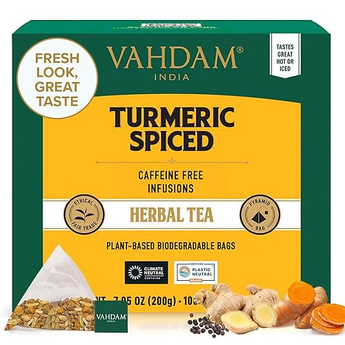 VAHDAM Té de hierbas orgánico con especias de cúrcuma 100 bolsas de té Orgánico certificado USDA Polvo de cúrcuma y especias frescas Té de VAHDAM Té de hierbas orgánico con especias de cúrcuma 100 bolsas de té Orgánico certificado USDA Polvo de cúrcuma y especias frescas Té de