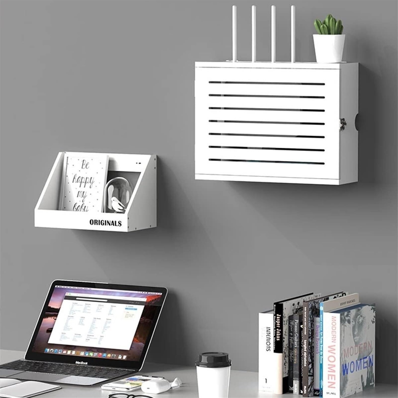 WLAN Box Router Kasten Cable Management Box Modisch Holz Set-Top-Box Drahtlose Aufbewahrungsbox Schwimmende Rack Wandregal Schwebend Wall Shelves (Color : Style 2, Size : 40Cm)