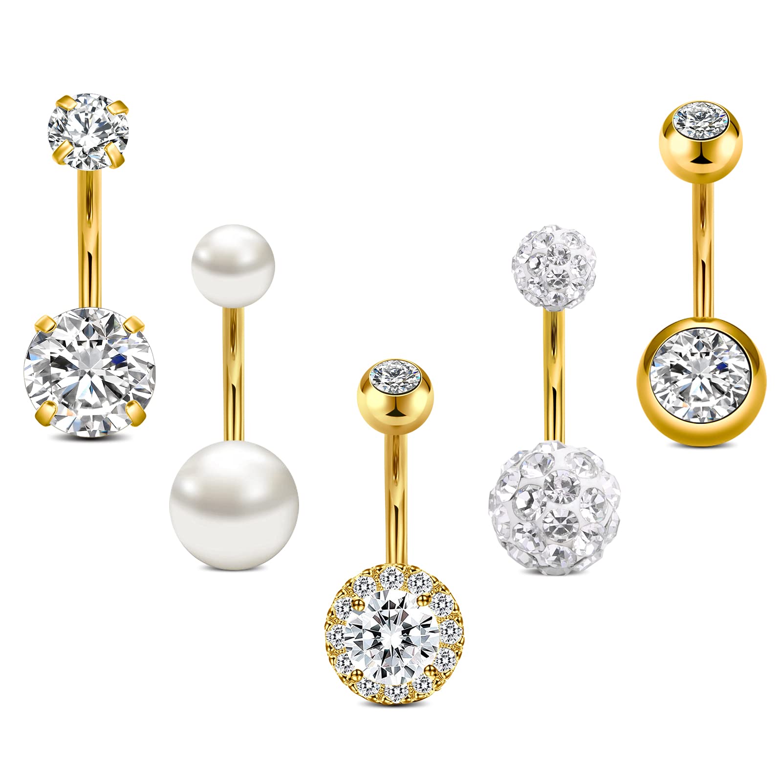 Crdifu 5pcs Juego de Anillos para el Ombligo de acero Inoxidable 14Gauge Ombligo Barras de Barras Joyas perforantes