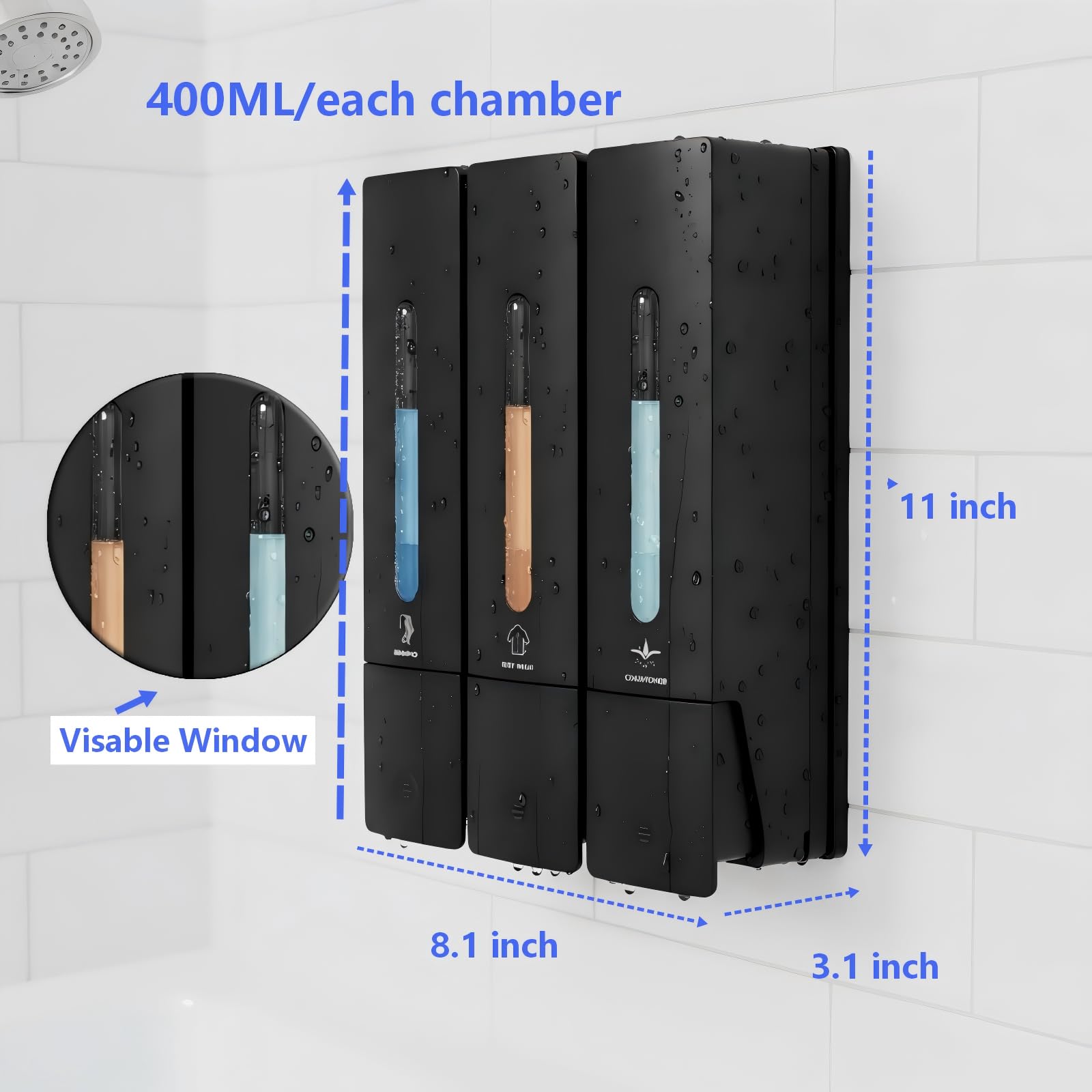 Dispenser per shampoo e balsamo, dispenser di sapone da doccia a 3 camere senza trapano per doccia dispenser per bagnoschiuma a parete per bagno, hotel, cucina, 3 x 400 ml, grande capacità, nero