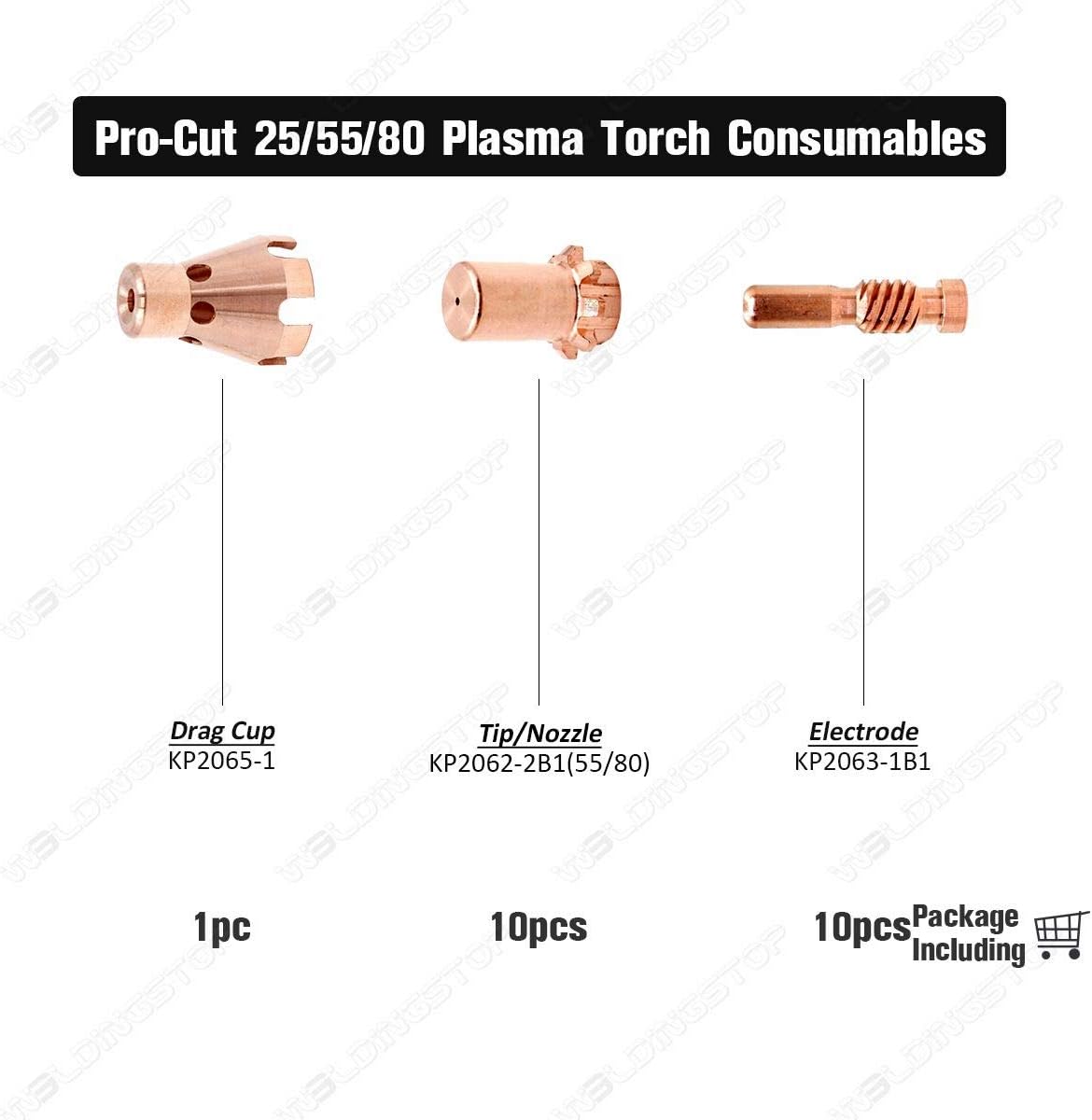WeldingStop PRO-CUT 55 80 Torch Electrodes KP2063-1B1 Tip KP2062-2B1 0.043'' Nozzle 1.1mm Drag Shield KP2065-1 NOT Lincoln Original 21pcs