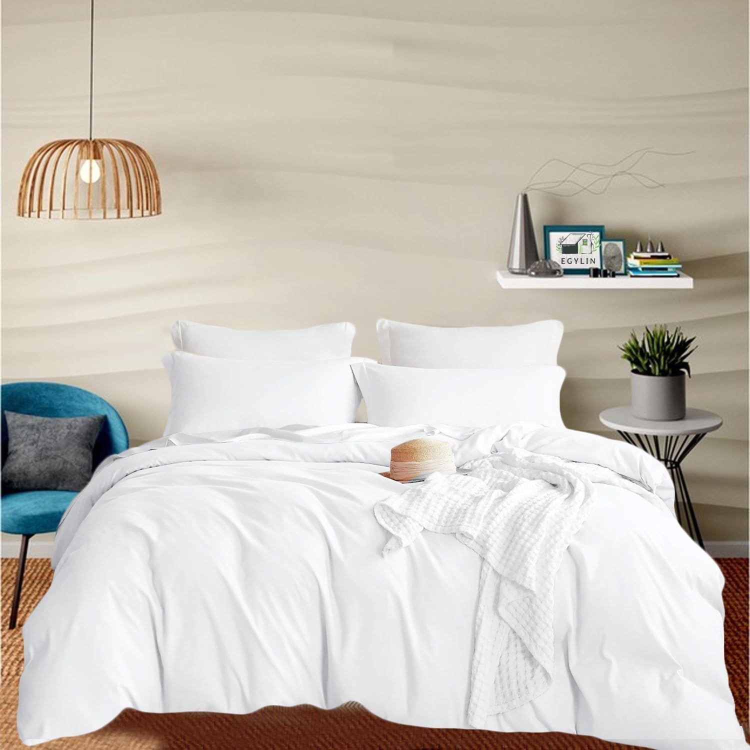 EGYLIN 800 TC 100% Egyptian Cotton 4 Piece Single Bedding Set Super Soft, Breathable Duvet Cover, Fitted Sheet with 25 cm Deep Pocket & 2 Pillowcases Quilt Cover Set with Zipper Closure (White)