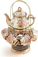 CHANJOON Gold Plated Red Rose Ceramic Tea Set for 6 - Vintage 14-Piece Teapot, Cups, Saucers, Rack, Medium 17oz Pot
