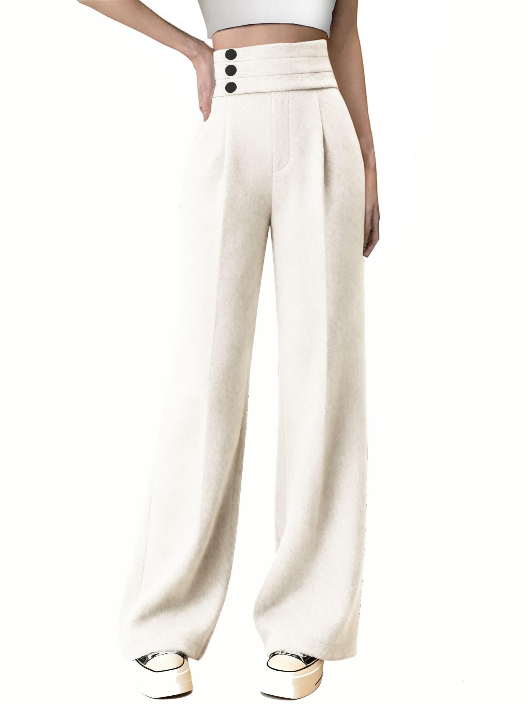 Betusline Womens High Waist Dress Pants Business Side Button Work Wide Leg Pants Straight Leg Trousers X-Small-XX-Large