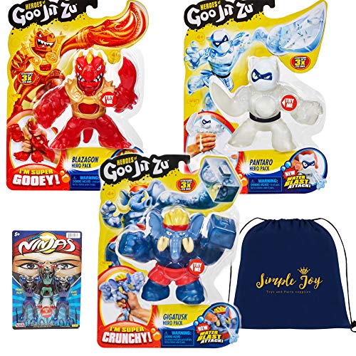 Heroes of Goo Jit Zu Super Stretchy Action Figures Water Blast Attack - Blazagon, Gigatusk, Pantaro (3-Pack Set)