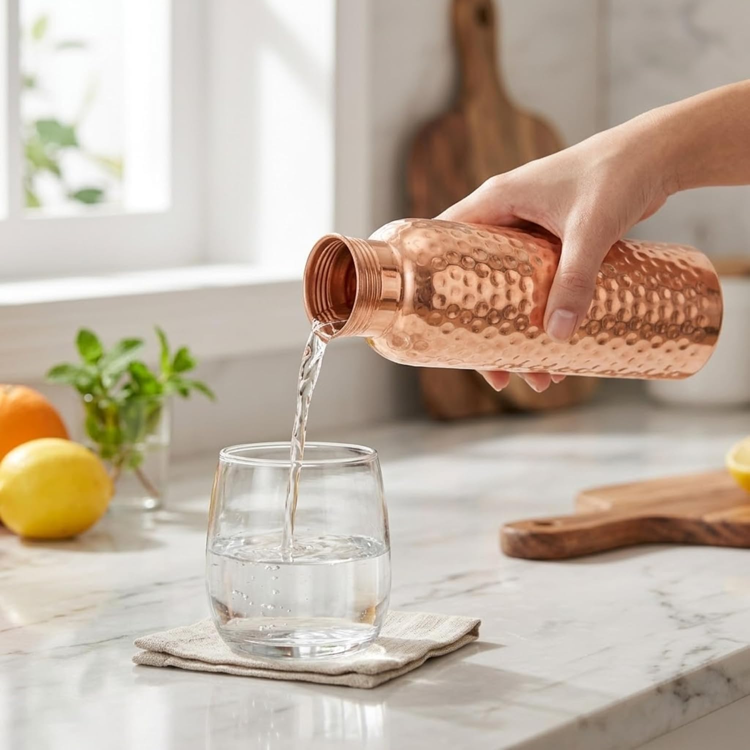 Premium Pure Copper Water Bottle 34oz (1000ml) | Handmade, Hammered, Ayurvedic, Leak-Proof, Heavy-Duty Design