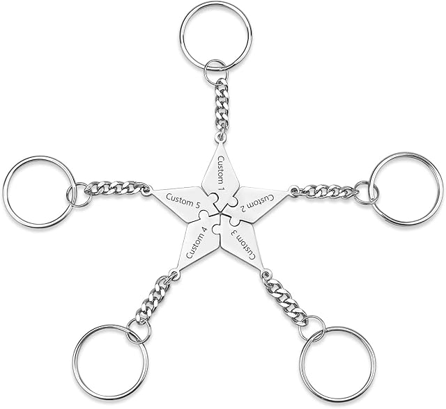 Malihome Personalized Engraving Custom Stainless Steel 5/6 Pointed Star Puzzle Best Friends BFF Family Keychains Friendship Puzzle Piece Charm Pendant Set (five-pointed star)