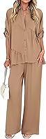 KIRUNDO Women's 2 Piece Set: Button Down Ruffle Shirt & Wide Leg Pants - Summer Lounge Casual Outfits 2026