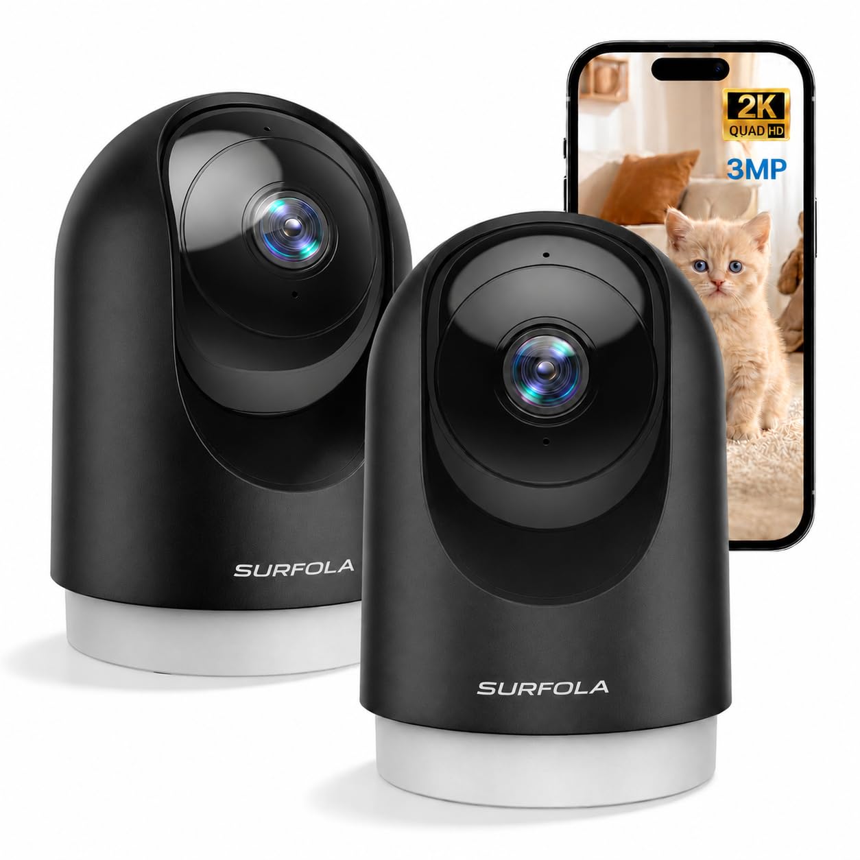 Surfola Telecamera per interni 2K, telecamera per animali domestici con rilevamento del movimento, telecamera di sicurezza domestica Wi-Fi CCTV con visione notturna, funziona con Alexa/Google, senza