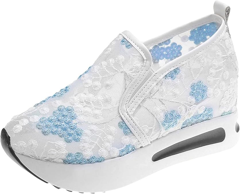 Fashion Sneakers for Women Embroidery Floral Mesh Air Comfort Chunky Sole Hidden High Heels Slip On Loafers Dressy Casual Walking Shoes Platform Wedge Sneakers