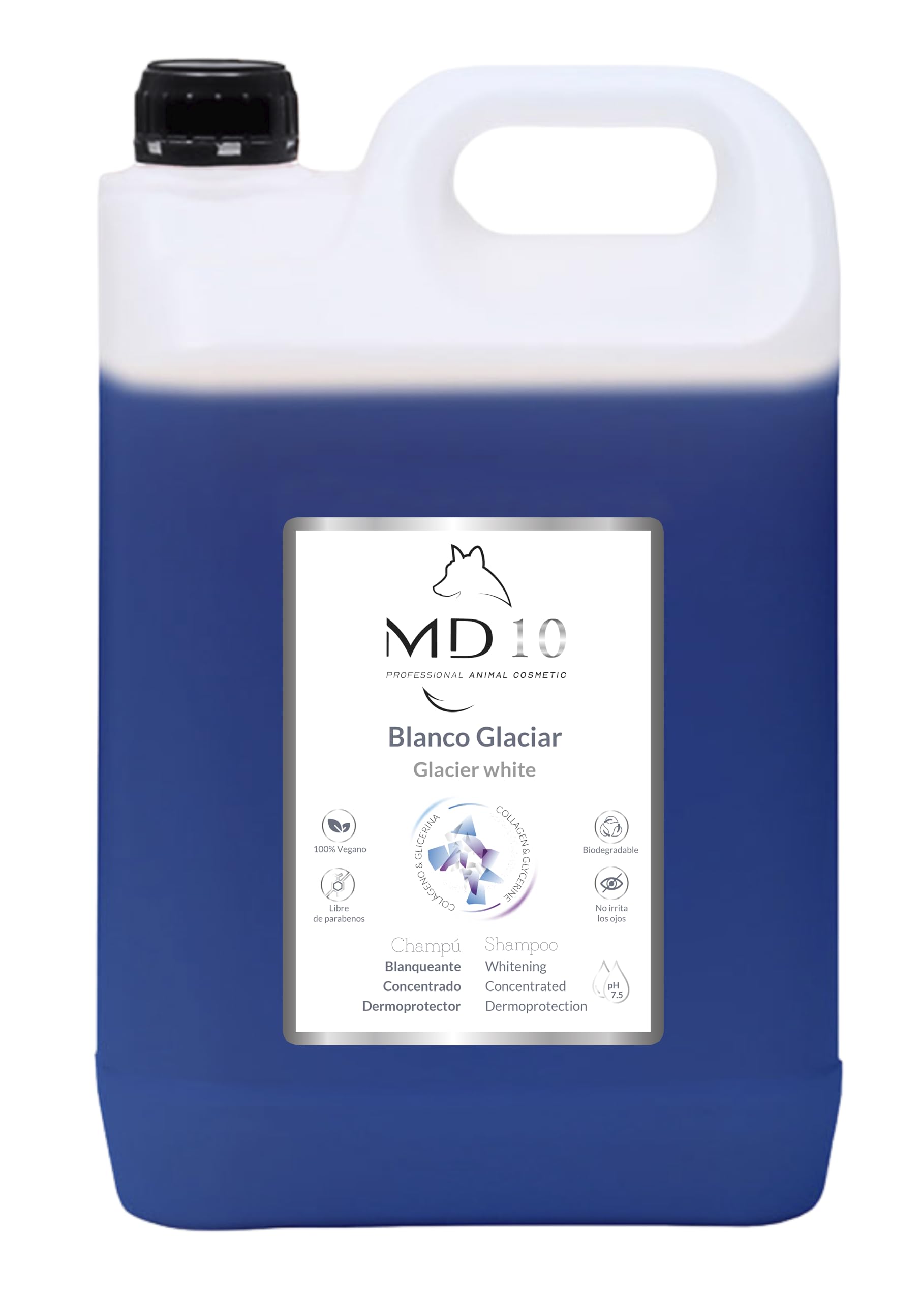Champú para Perros Blanco Glaciar - Potencia Color Blanco - Elimina Manchas - Champú Hidratante y Dermoprotector Vitamina D-Pantenol - Colágeno y Aceite de Jojoba - pH 7.5-5 litros - MD10 Collection