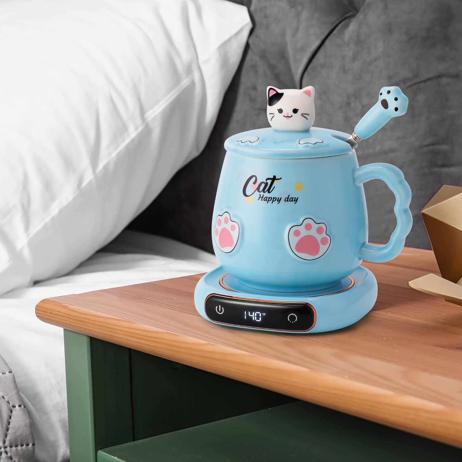 Bgbg - Juego de tazas de café y lindo para gatos, calentador de tazas de bebidas para computadora, oficina en casa con tres temperaturas de hasta 140 °F/60 °F, calentador de café para cacao, leche,