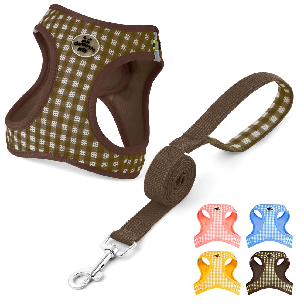 OFFCUP Pettorina per Cani Gatti con Guinzaglio Set Traspirante Imbracatura in Air Mesh per Cani Piccoli Pettorina Step-in Regolabile Riflettente Morbida Imbottito Anti-Strappo, Marrone, XS