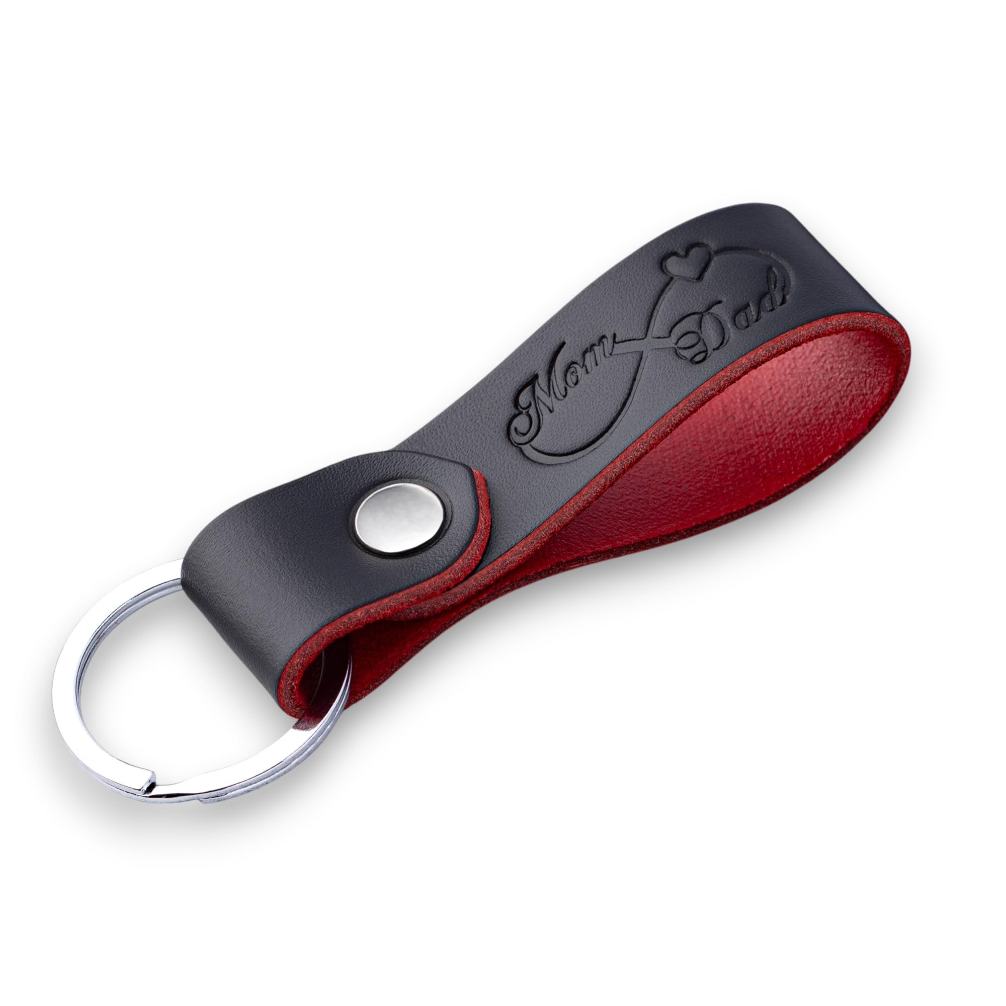 MAGOR Full Grain Leather Keyring, Elegant Black Key Ring with Red Interior, Car and Home Keychain, Hot Embossed Design, Personalised Premium Gift for Him or Her (Infinity Mom Dad)