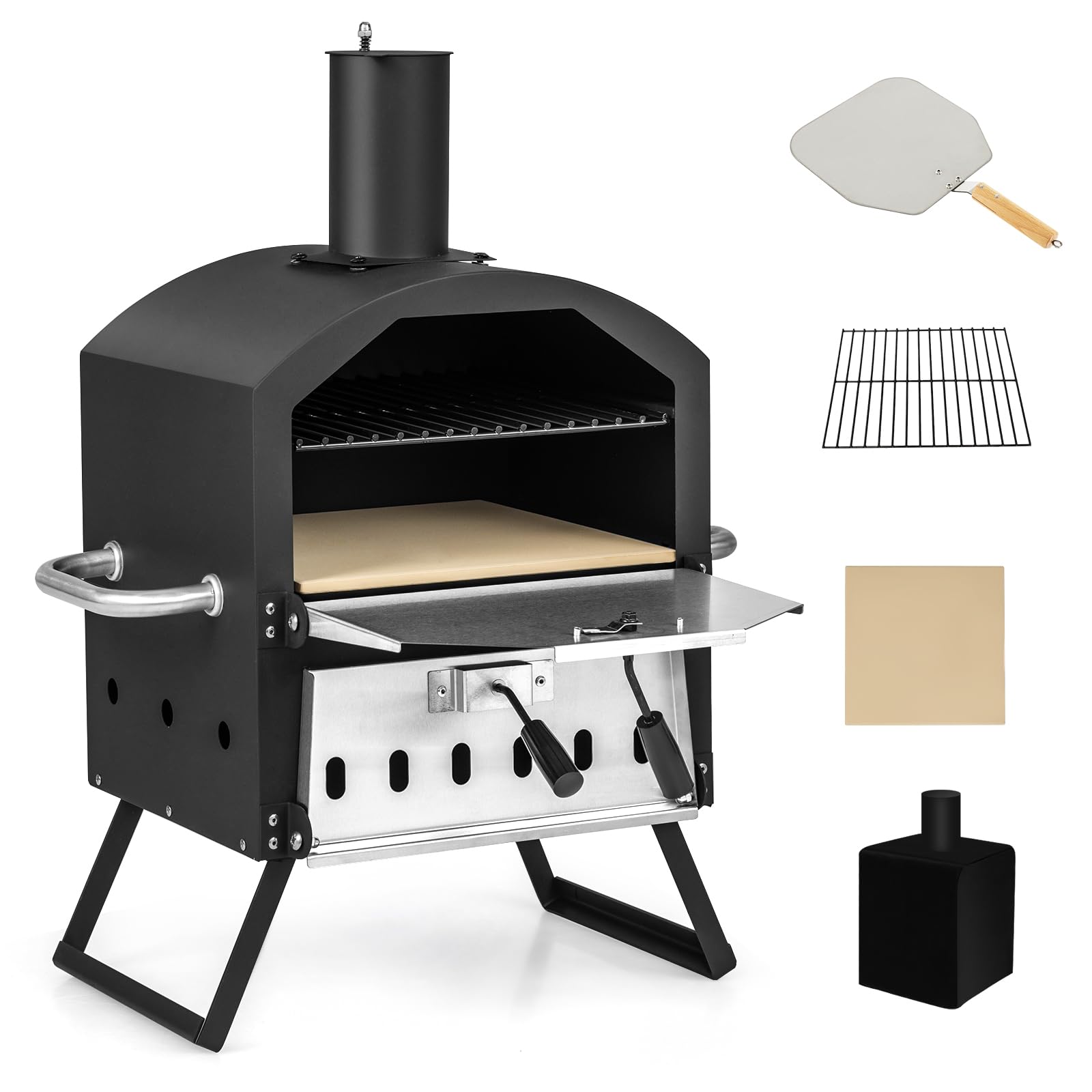 SPOTRAVEL 2-Layer Outdoor Pizza Oven, Wood Fired Pizza Maker with Grill, Stone, Peel, Waterproof Cover & Foldable Legs, Patio BBQ Cooker Heating Oven for Camping Picnic Party