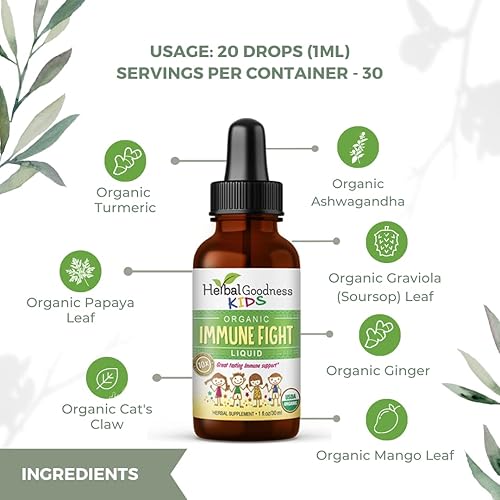 Miniatura 7 de Extracto líquido de apoyo inmunológico para niños, cúrcuma con ashwagandha y hoja de papaya para vitaminas para niños y niños pequeños, suplementos