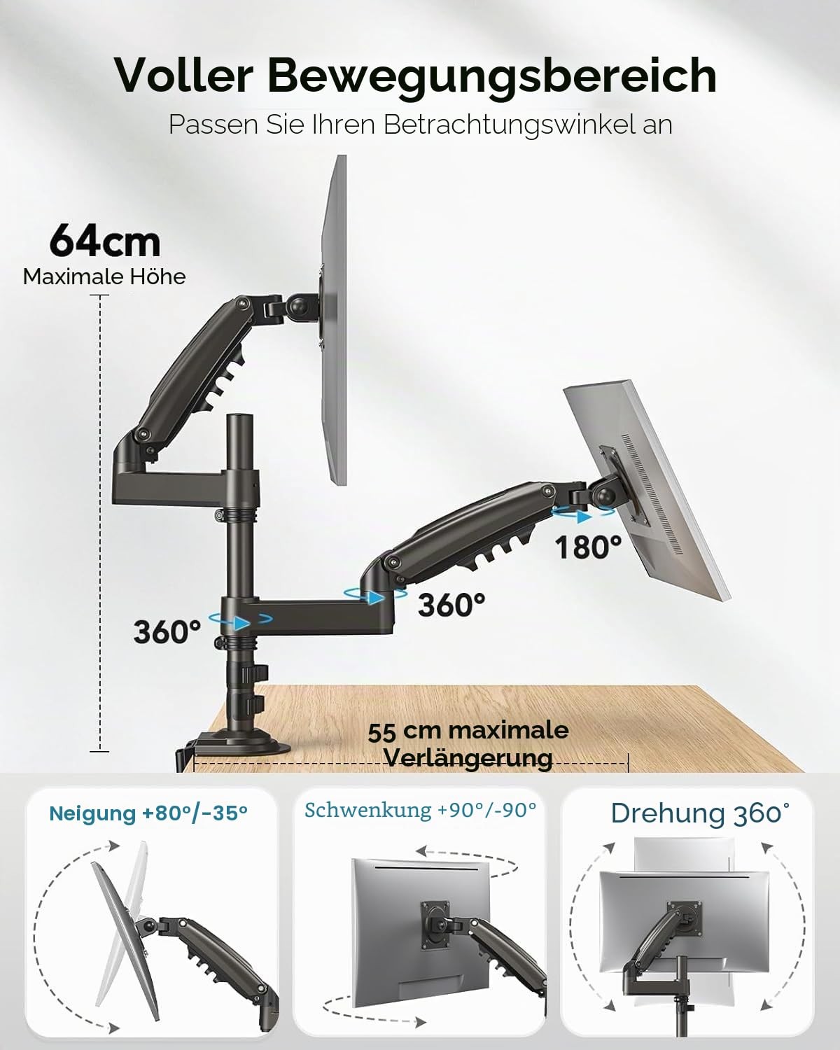 HUANUO Monitor Halterung 2 Monitore für 13-32 Zoll Bildschirm, Gaming Monitorhalterung 2 Monitore Höhenverstellbar mit 9KG Pro Arm, Bildschirmhalterung Neigbar Schwenkbar, VESA 75/100mm
