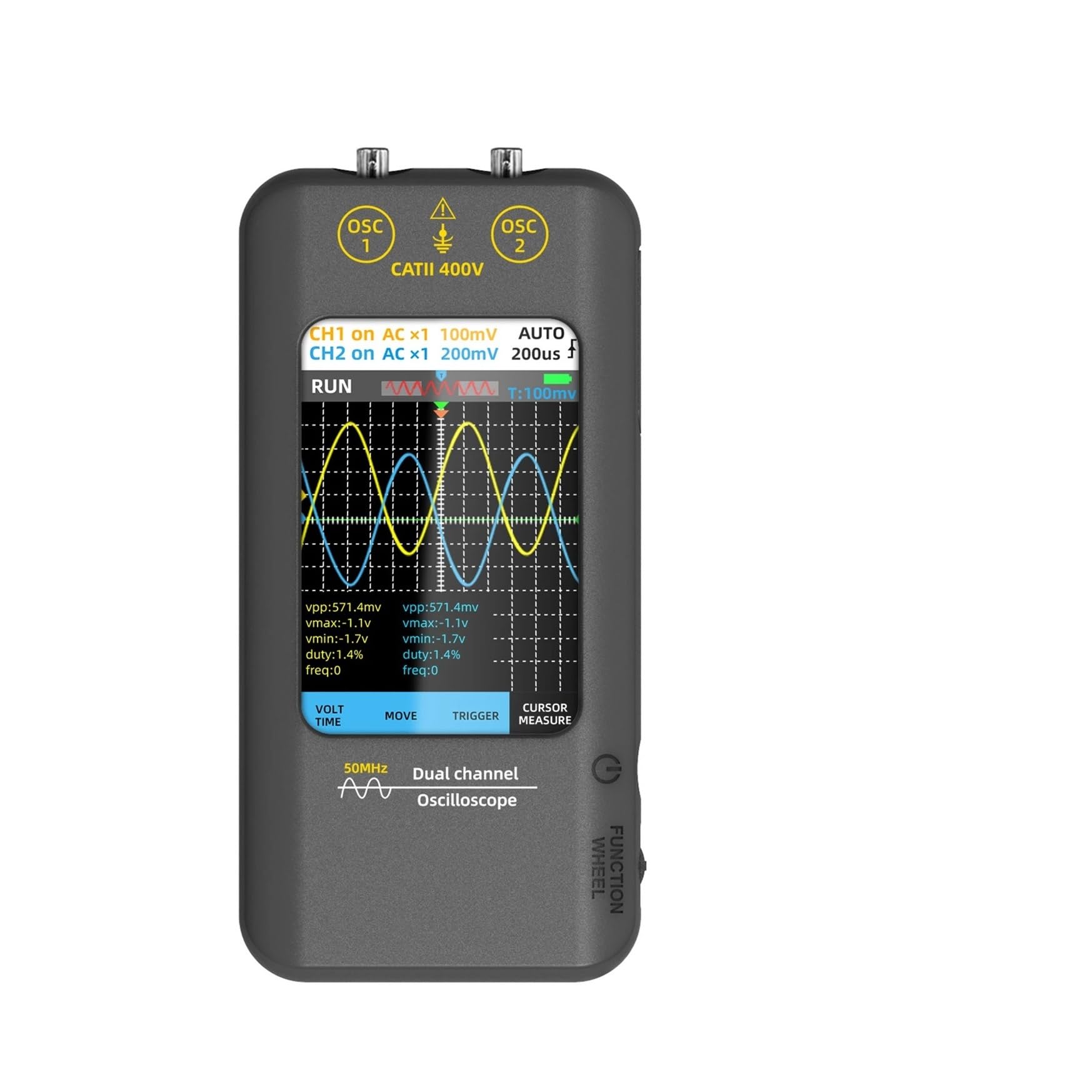 Osciloscopios, Osciloscopio profesional con pantalla táctil de 3,98", generador señal 2 canales 50 MHz