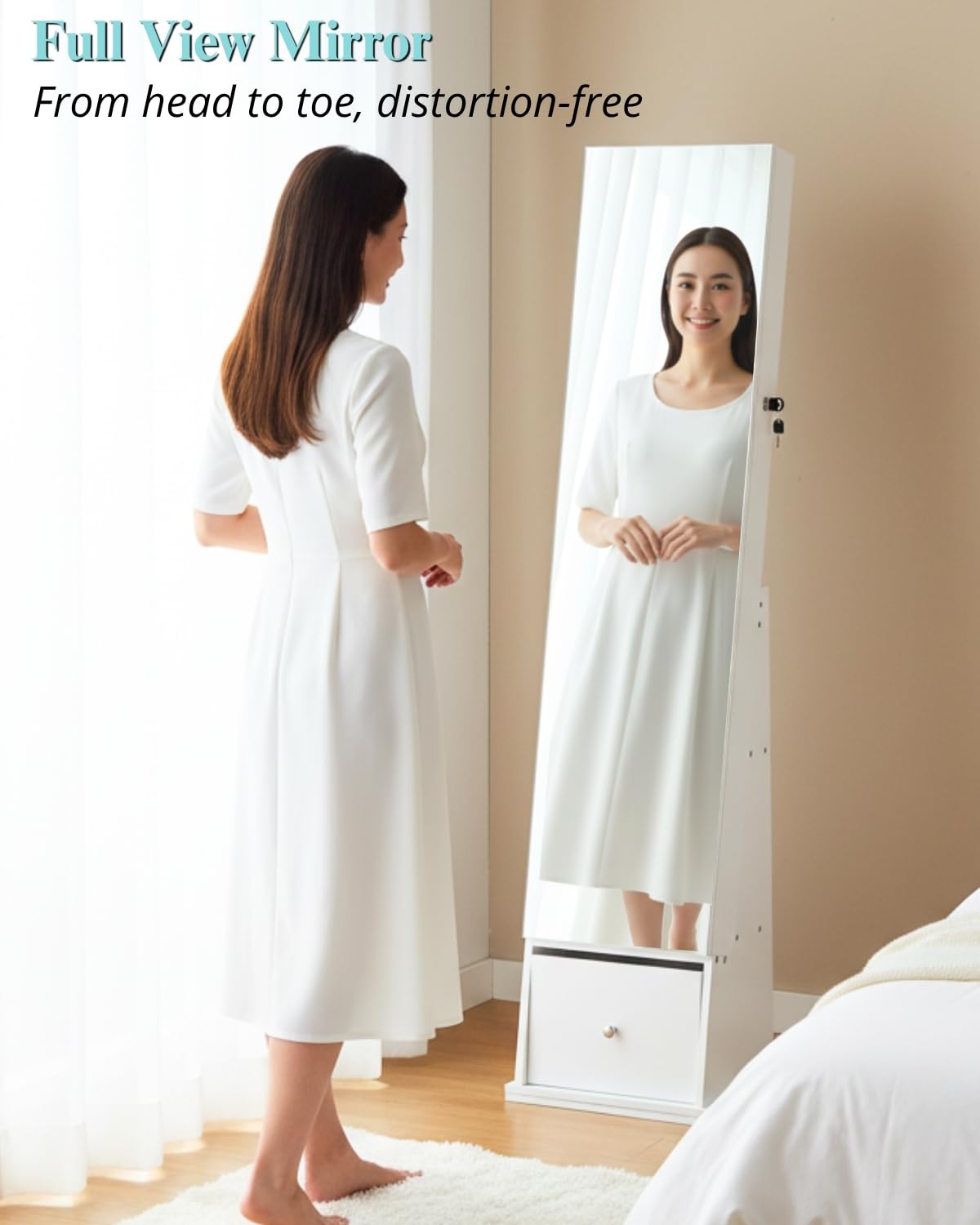 LUXFURNI 360° drehbarer Schmuckschrank mit Spiegel, 157cm Höhe Schmuckschrank Stehend, Standspiegel Mit Stauraum, 1 tiefe Schublade, Abschließbarer Spiegel Schrank, Weiß