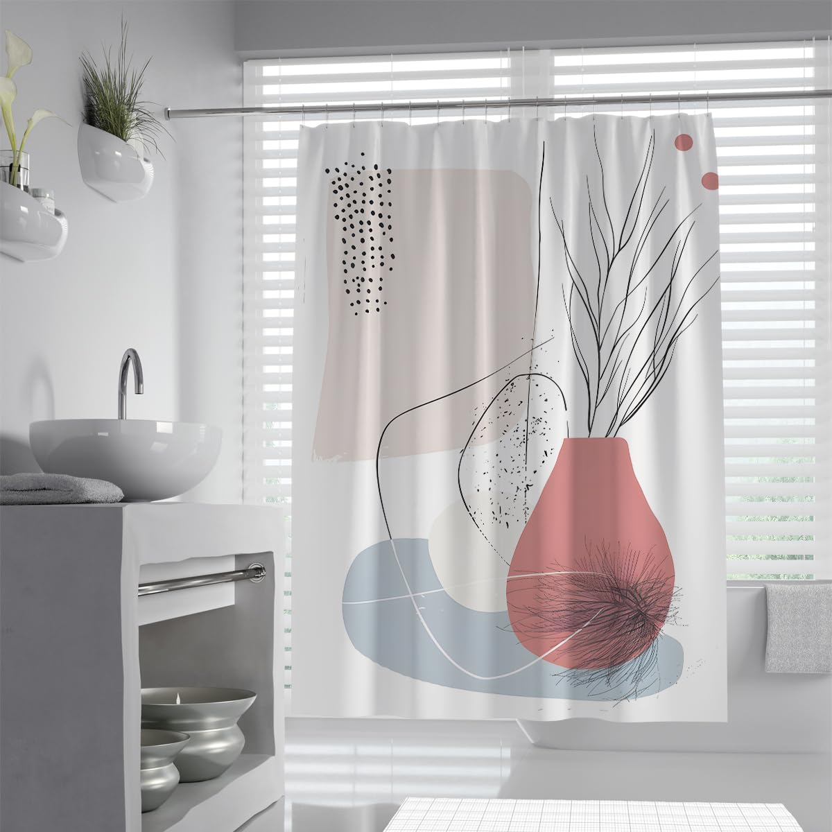 UIRINGART Geometric Shower Curtain W120xL180cm Bath Curtains Mid Century Modern Pink Vase Branches Dots Anti Mould Proof Resistant Bathroom Tub Screen With Hooks