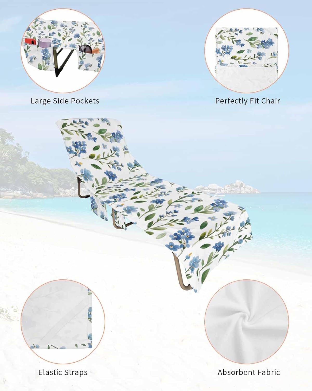 Blue Flower Beach Pool Patio Lounge Chaise Chair Cover Towel With Pockets,Absorbent & Quick Dry Microfiber Towel Cover Bag Summer Accessories Spring Summer Green Leaves Aesthetics Watercolor