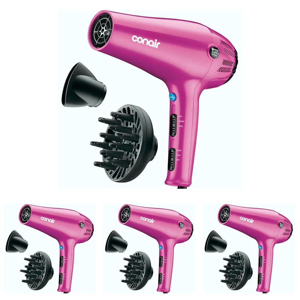 Conair Hair Dryer with Diffuser and Concentrator, 1875W, Pink (Pack of 4)