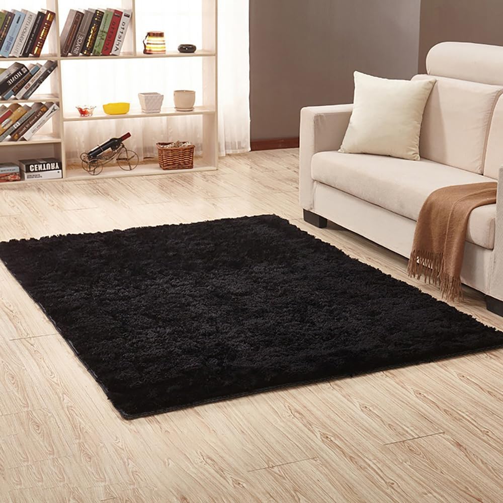 High Density Rabbit Fur-Like Area Rug Non Shedding 4CM Thick Soft Polyester Carpet with Non Slip Bottom Minimalist Versatile Floor Rug for Living Room Bedroom (Black, 3.94 * 5.25ft)