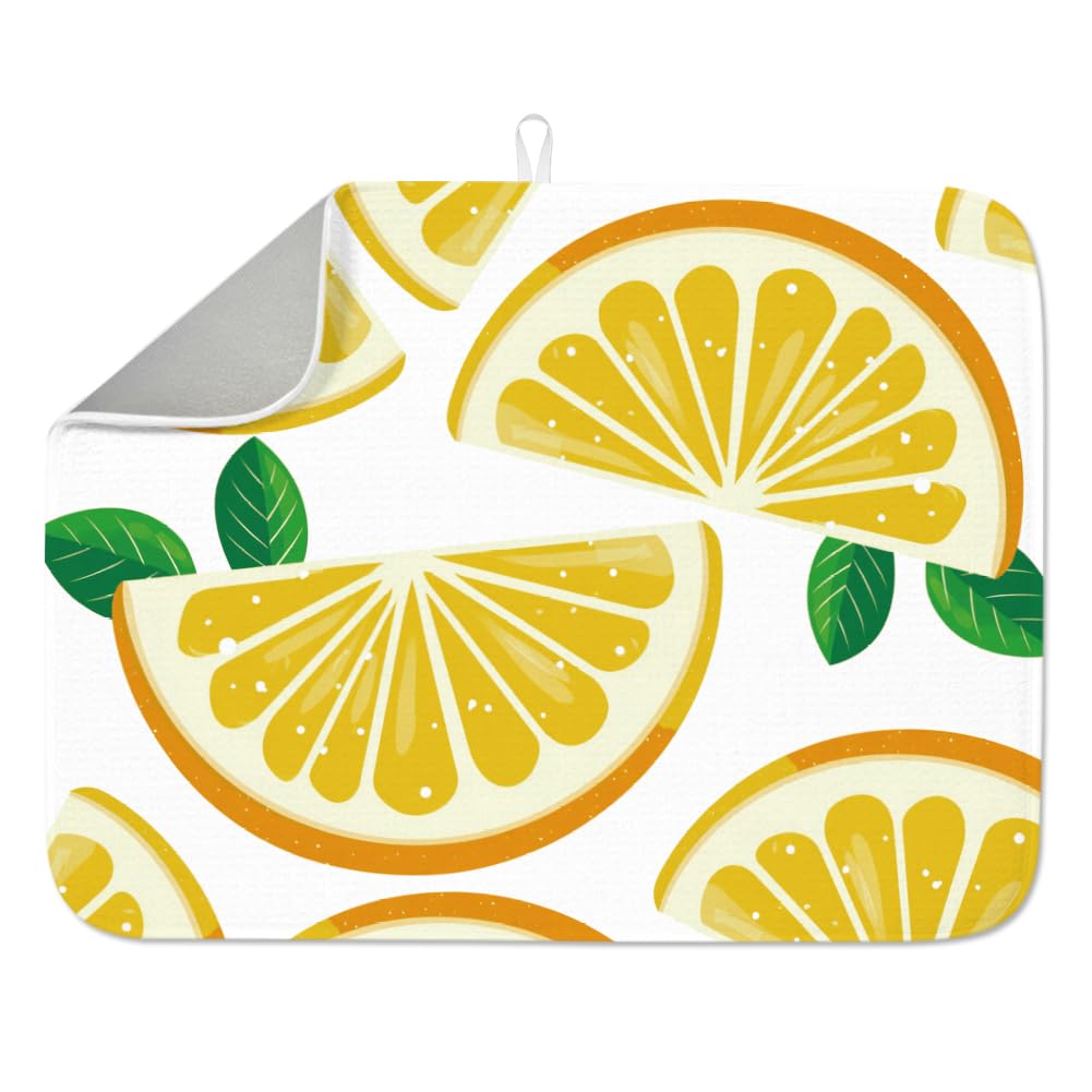 INFUNLY Large Lemon Dish Drying Mat 23.6x17.7 Inch/60x45 Cm Microfiber Polyester Cotton Absorbent Kitchen Counter Pad Coffee Bar Fruit Drainer with Hanging Loop Quick Dry Machine Washable, Yellow