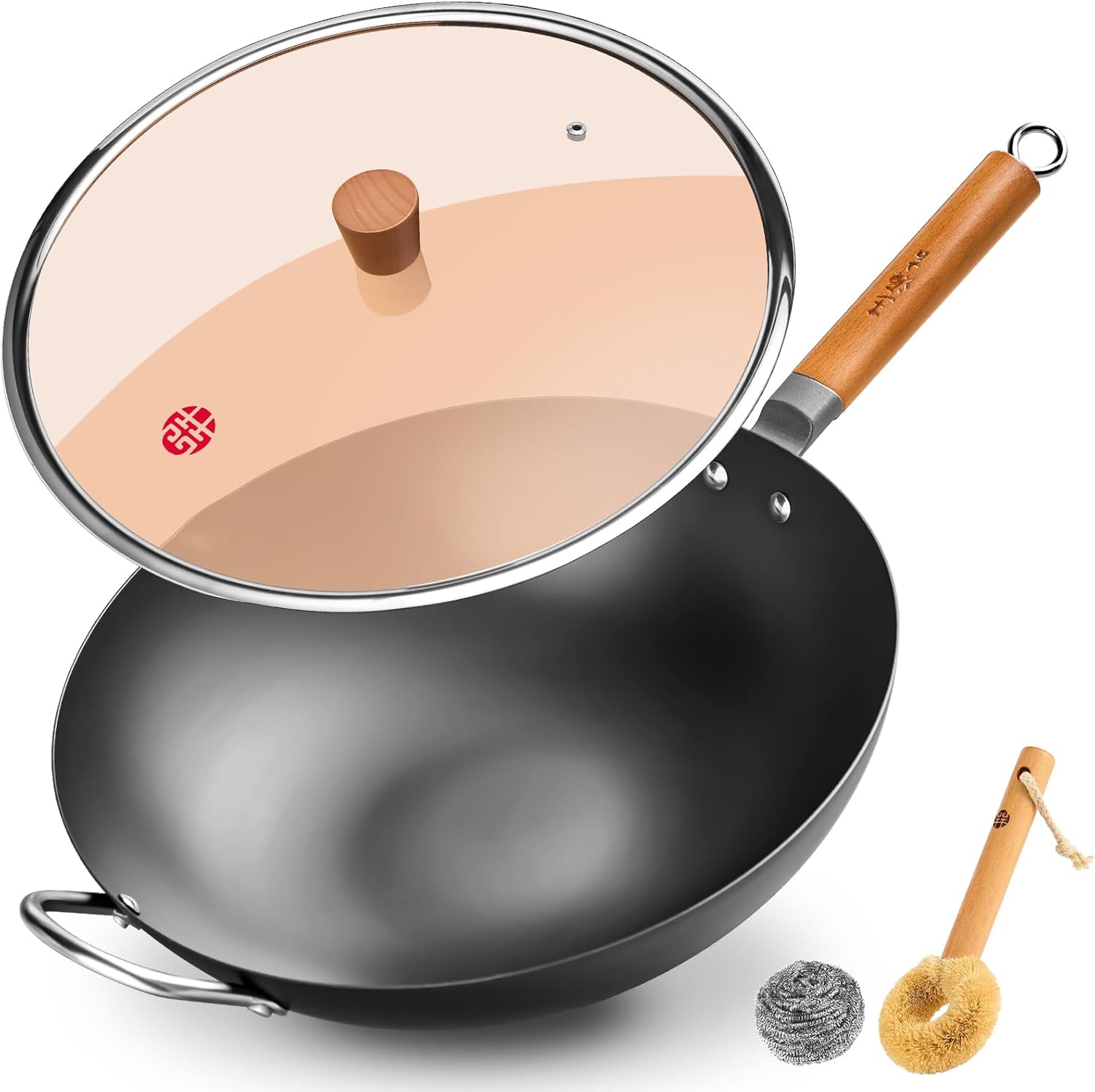 WANGYUANJI 14.2" Flat-Bottom Iron Wok with Glass Lid, Uncoated Stir-Fry Pan, Rapid-Heating Refined Iron, Induction/Gas/Electric Compatible, Wooden Handle (Seasoning Required) black-14.2inch 14.2"wok