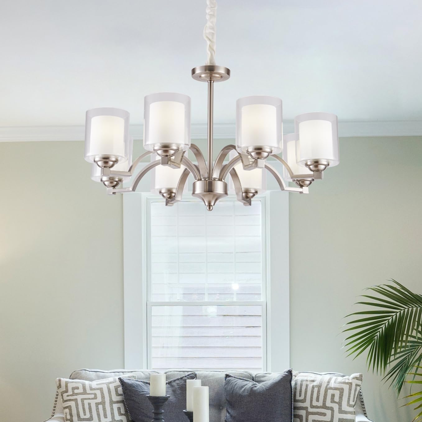 Contemporary Glass Chandelier, Brushed Nickel Pendant Light, Mid-Century Hanging Light for Dining Room Living Room, Adjustable Hanging Pendant Light