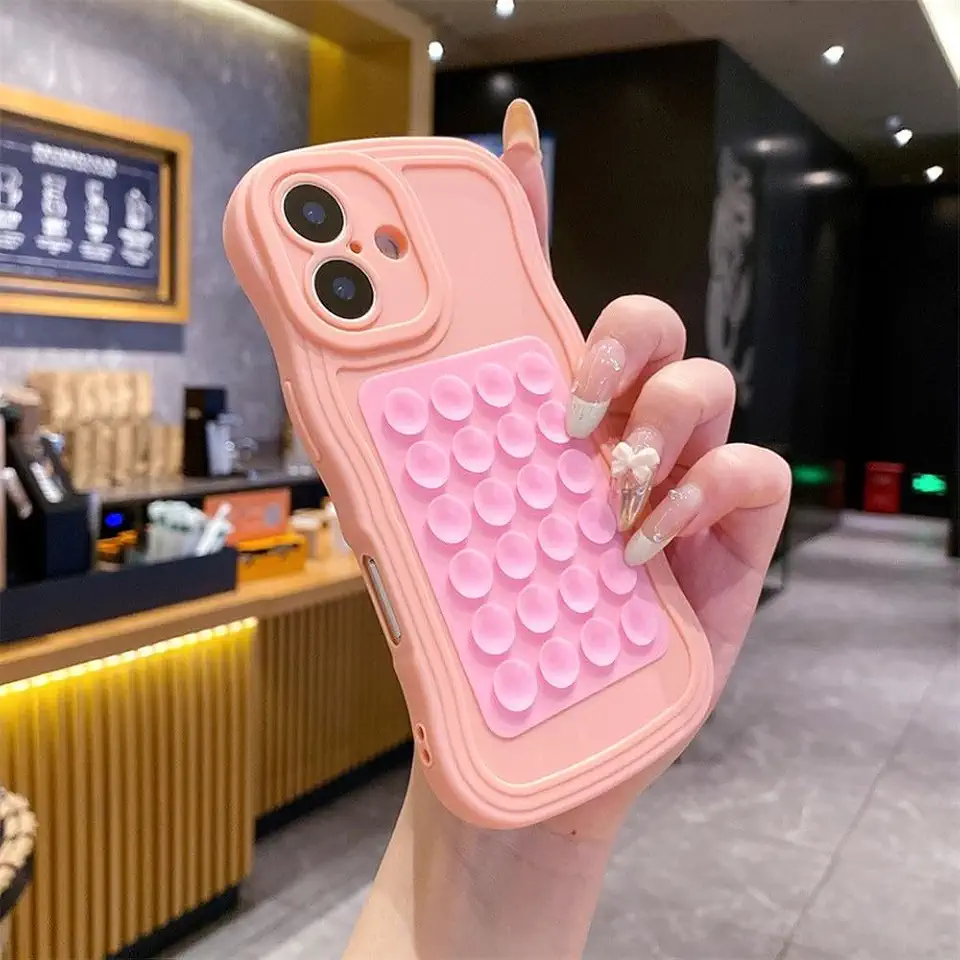 Capa de silicone macio com ventosa e ondas encaracoladas para iPhone 16 15 11 12 14 13 Pro Max 16 7 8 Plus 16e X Xs Max Xr, rosa, para iPhone 7 Plus ou 8 Plus