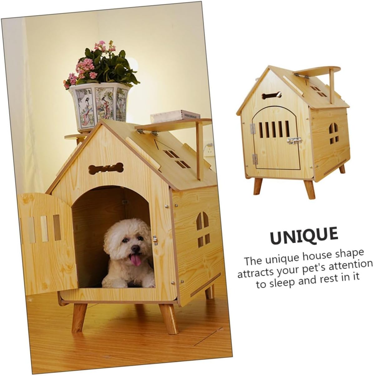 Outdoor Wooden Dog House Medium Size with Protective Fence Garden Dog Shelter and Puppy Pet Kennel