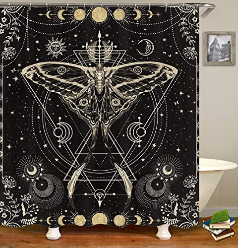 Olebety 4Pcs Celestial Shower Curtain Set, Gold Glitter Sun And Moon Phase Starry Sky Galaxy Constellation Tarot Witch Mystic Boho Bathroom Decor, Black Fabric Shower Curtain, Non-Slip Bath Mat, Moth #TOP2