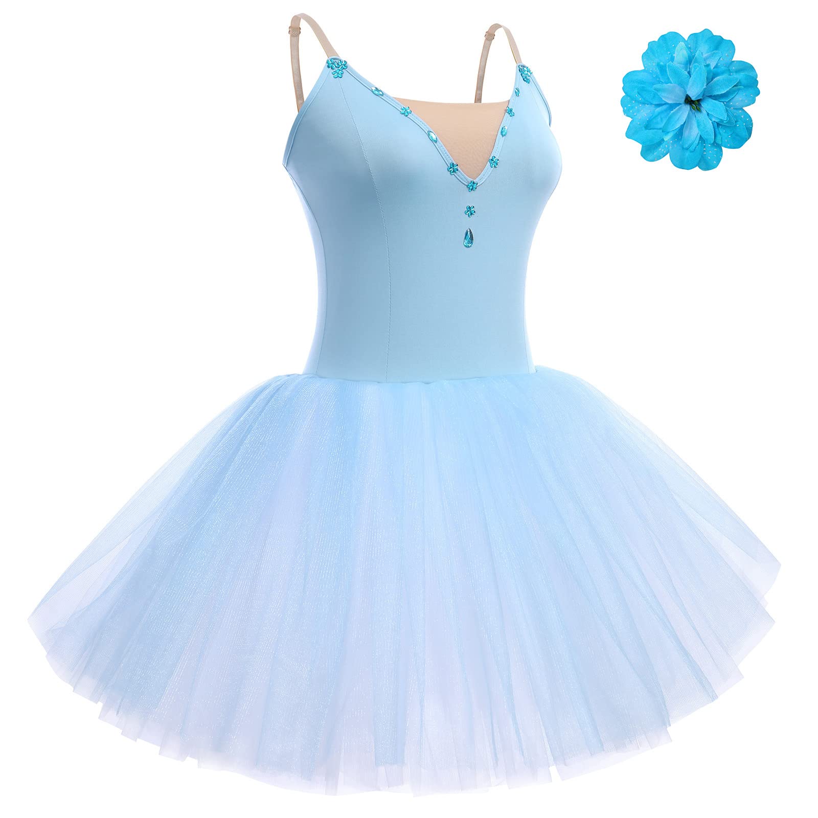 Odizli Ballettkleidung Damen Spaghettiträger Tanzbody Tütü Tüllrock Ballettkleid+Haarspange Tanzkleid