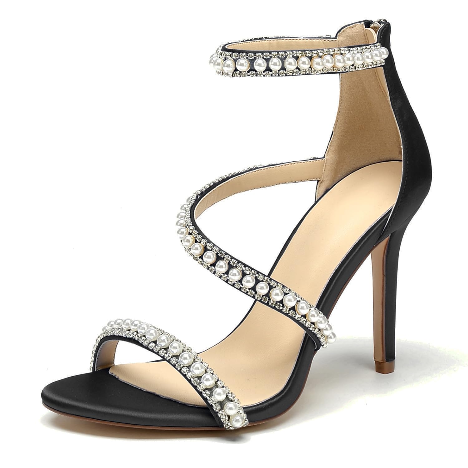 MNTSUEDS Pearl Heels Sandals Stiletto Heels Open Toe High Heel Sandals Pump Shoes for Women Bride Wedding Party Evening Heels