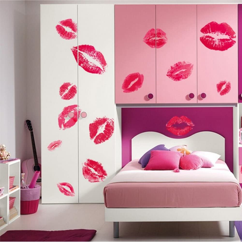 Fopytu Valentine's Day Red Lips Wall Stickers Kisses Self-adhesive Wall Art Decals for Home Living Room Bedroom Girly Women's Teens Apartment Decor