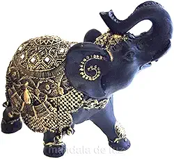 Estátua de Elefante Indiano Preto e Dourado Resina 18cm