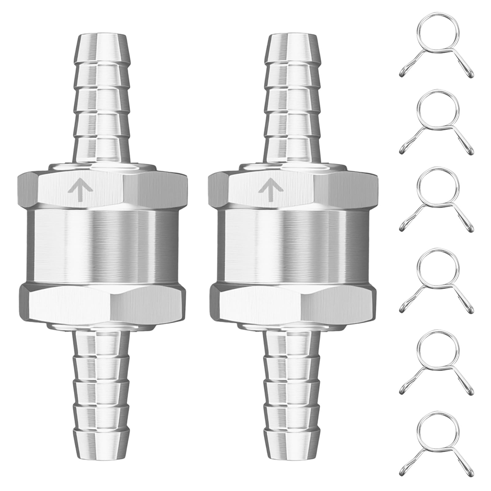 Vagcars 2Pcs 8Mm (1/4") One Way Fuel Non Return Valve With 6 Clamps, Aluminum Alloy One Way Check Valve For Petrol Diesel Gas Air Water, Universal For Car Marine Auto Carburettor Low Pressure Systems (8Mm)