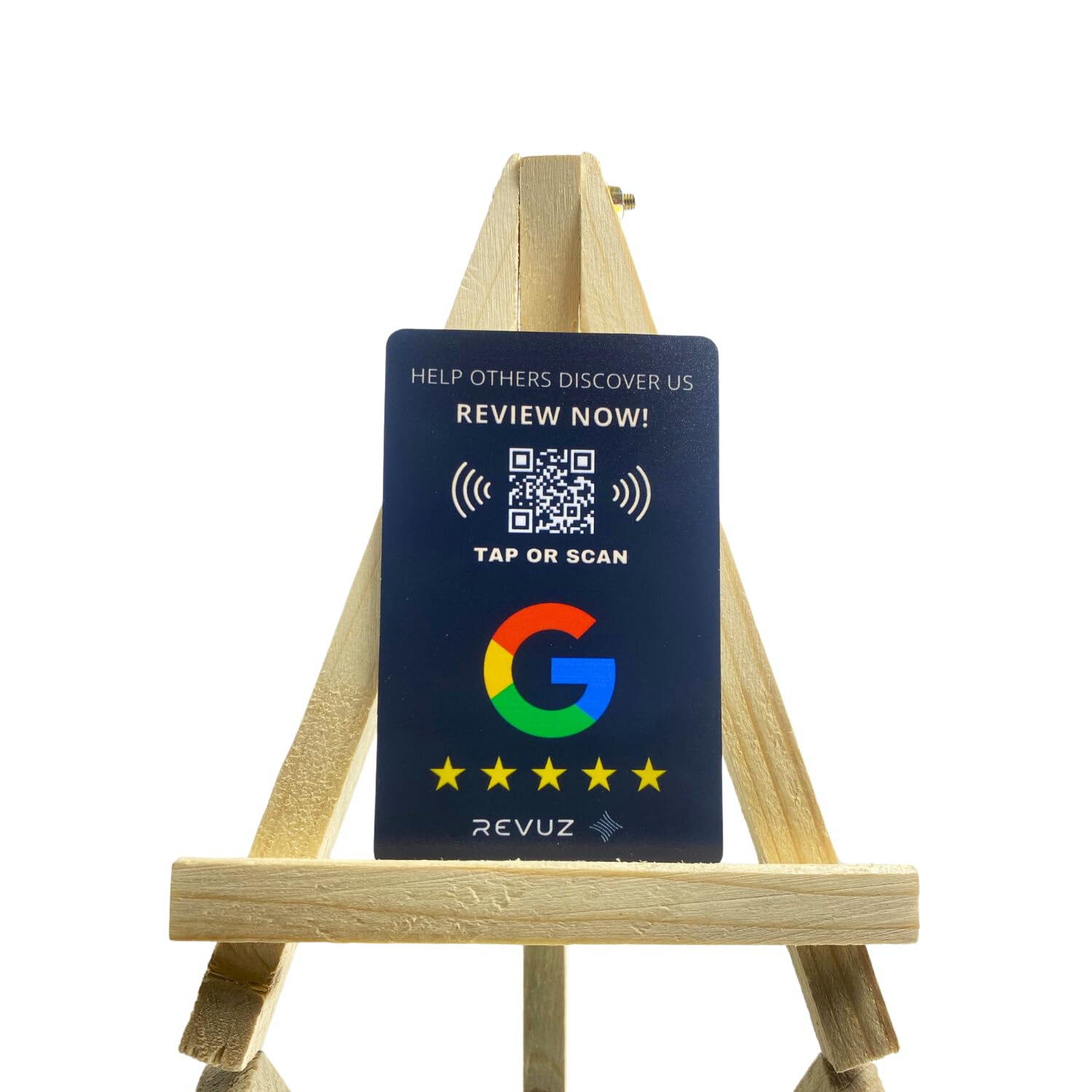 REVUZ Gooogle Review Card – Equipped with NFC Chip and QR Code, Instant Activation with Your Business Page Link, Tap or Scan to Access. (Black PVC Card With Stand)
