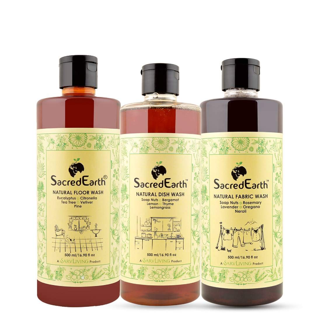 Natural Dish Wash Liquid, Natural Liquid Floor Cleaner, Natural Liquid Fabric Wash (500 Ml, Combo Pack)