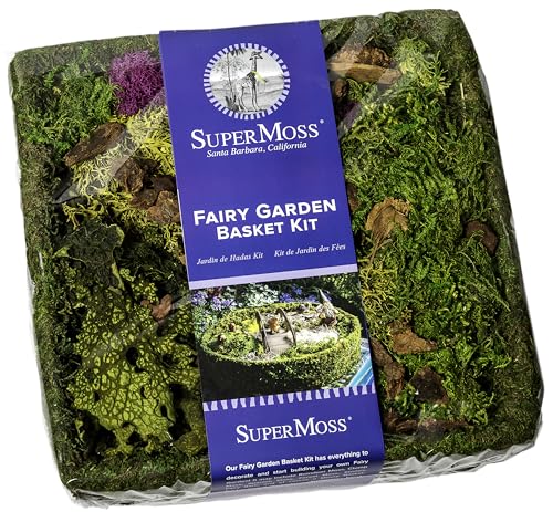 SuperMoss (50362) Fairy Garden Kit | Miniature Moss Basket with Fairy Garden Accessories, and Liner | DIY Craft Kit for Kids, Indoor & Outdoor Garden Decor, Miniatures, and Home Decoration, 10” Basket